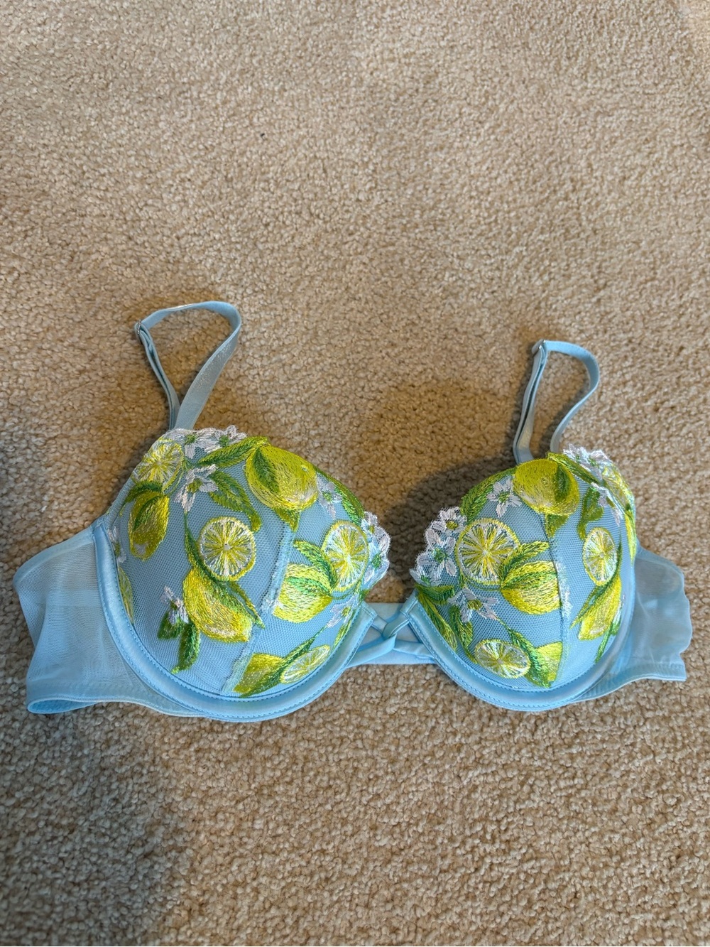 Victoria’s Secret 34B Dream Angels Lightly Lined Blue Lemon Embroidered Bra